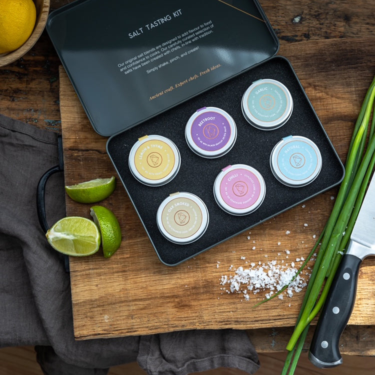Dorset Salt Tasting Kit: Natural, Smoked, Chilli, Lemon & Thyme, Garlic, Beetroot Salts 6x15g