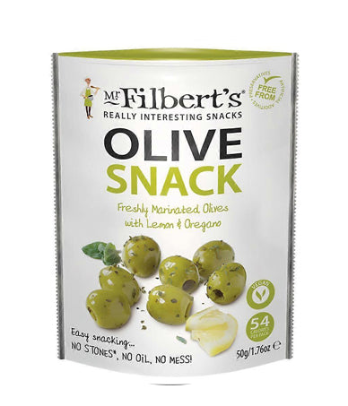 Mr Filberts Olive Snacks Pitted Green Olives with Lemon & Oregano 50g