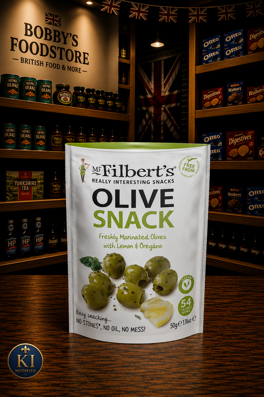Mr Filberts Olive Snacks Pitted Green Olives with Lemon & Oregano 50g